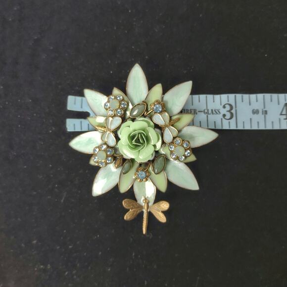 Floral & Dragonfly Brooch Enamel Encrusted Rhinestones Green Blue Flower Bee Pin - Picture 9 of 11
